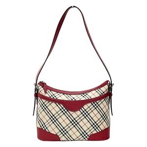 Burberry Nova Check Red Hobo Shoulder Bag Canvas Leather
